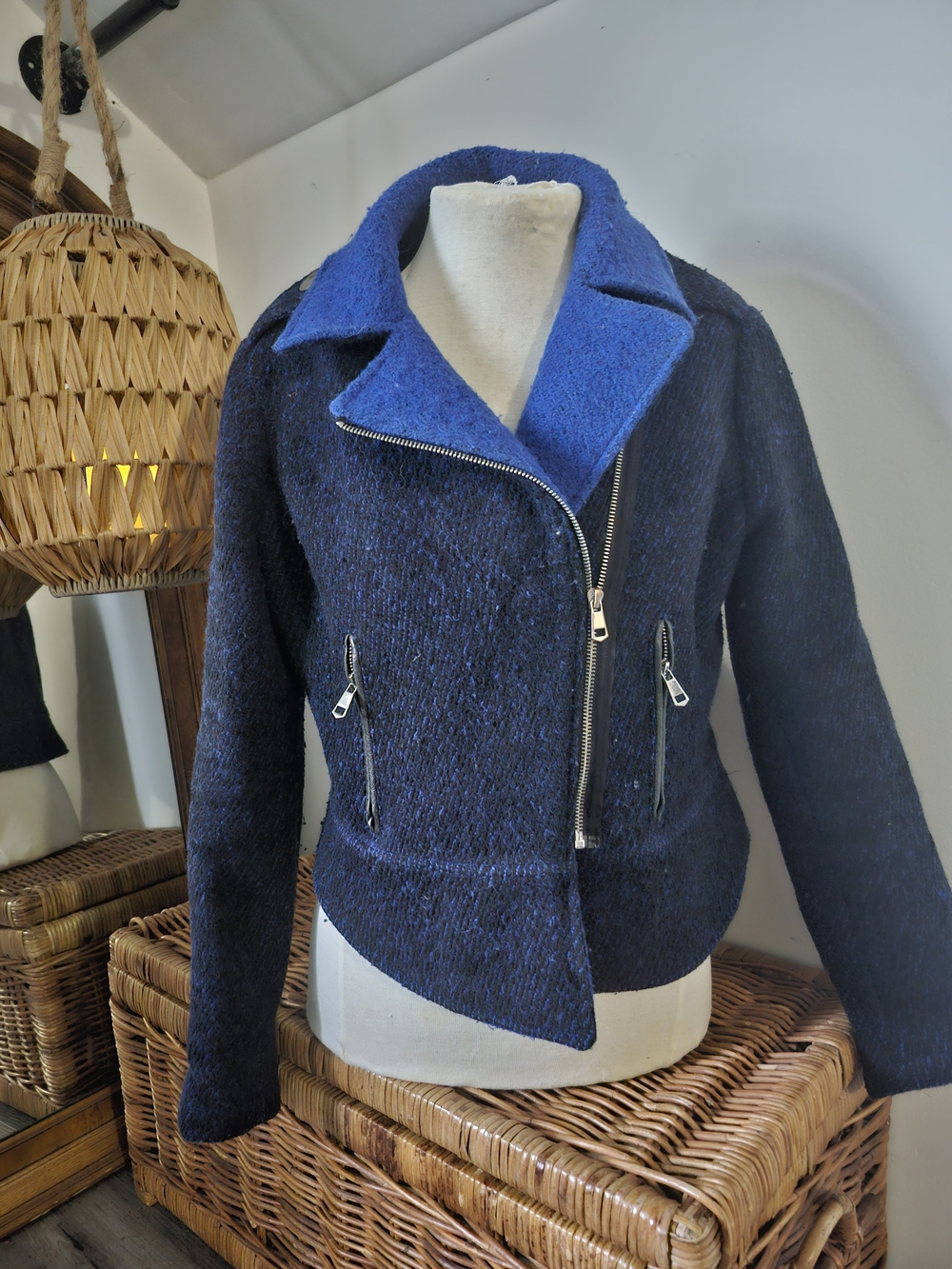 Club Monaco Women's Navy Blue Wool Zip Moto Jacket